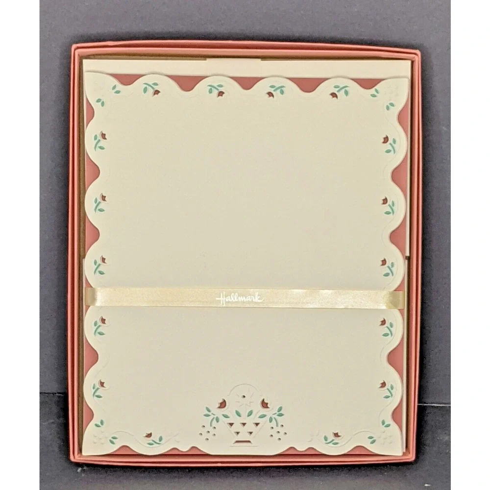 Vintage Hallmark Stationery Set #ST273-5 Floral Scalloped Edge Cream w/ Rust 2nd